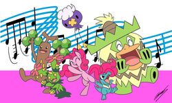 Size: 3000x1800 | Tagged: safe, artist:gearholder, pinkie pie, drifloon, ludicolo, maractus, pony, sudowoodo, totodile, g4, bipedal, crossover, dancing, happy, music notes, pokémon