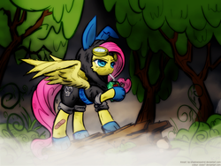 Size: 1200x900 | Tagged: safe, artist:kp-shadowsquirrel, artist:ossie7, fluttershy, pegasus, pony, g4, bunny ears, clothes, dangerous mission outfit, everfree forest, female, goggles, hoodie, juice, juice box, mare, solo