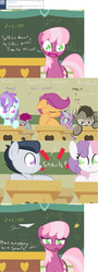 Size: 1280x3570 | Tagged: safe, artist:kryptchild, alula, cheerilee, diamond tiara, liza doolots, petunia, pluto, rumble, scootaloo, sweetie belle, tootsie flute, oc, oc:kryptfoal, oc:marble patches, fish, ask glitter shell, g4, 2+2=fish, chalkboard, implied snails, ponyville schoolhouse, portal (valve), school, space core, the fairly oddparents