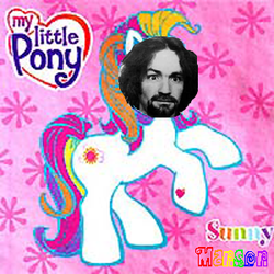 Size: 300x300 | Tagged: safe, artist:ashessmashes, edit, sunny daze (g3), g3, charlie manson, low effort, my little pony logo, needs more jpeg, photoshop, ponified