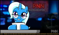 Size: 1217x737 | Tagged: safe, artist:marcusmaximus, trixie, minty fresh adventure, g4, desk, female, game, glasses, mare, news, platformer, pnn, politics in the comments, smiling