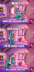 Size: 708x1490 | Tagged: safe, edit, edited screencap, screencap, minty, pinkie pie (g3), a very minty christmas, g3, christmas, cute, female, grin, hat, lesbian, mintabetes, oh minty minty minty, open mouth, raised hoof, santa hat, ship:mintypie, shipping, smiling, suspiciously specific denial