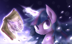 Size: 2500x1541 | Tagged: dead source, safe, artist:mlpanon, twilight sparkle, pony, unicorn, g4, angry, book, colored pupils, female, glowing, glowing horn, horn, looking at you, magic, mare, runes, signature, solo, spellbook