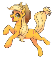 Size: 600x696 | Tagged: dead source, safe, artist:shironiki, applejack, earth pony, pony, g4, applejack's hat, cowboy hat, female, hat, jumping, mare, simple background, smiling, solo, transparent background, watermark