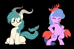 Size: 960x640 | Tagged: safe, artist:karzahnii, cancer (g4), capricorn (g4), earth pony, pony, g4, bipedal, black background, cancer (horoscope), capricorn, cutie mark, duo, eyes closed, female, hooves, horns, horoscope, lineless, mare, ponyscopes, simple background, sitting, smiling, solo, tongue out, zodiac