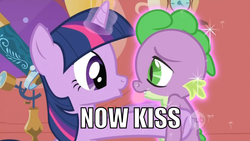 Size: 1054x595 | Tagged: safe, edit, edited screencap, screencap, spike, twilight sparkle, dragon, pony, unicorn, g4, the return of harmony, age difference, caption, cute, duo, duo male and female, female, golden oaks library, holding, holding a dragon, horn, hub logo, image macro, male, now kiss, ship:twispike, shipping, spikabetes, spikelove, tongue out, twiabetes, unicorn twilight