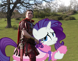 Size: 870x681 | Tagged: safe, rarity, human, g4, humans riding ponies, irl, julius caesar, photo, ponies in real life, riding, rome (hbo)