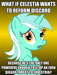 Size: 625x833 | Tagged: safe, discord, lyra heartstrings, g4, keep calm and flutter on, my little pony: friendship is magic, conspiracy lyra, exploitable meme, hilarious in hindsight, meme