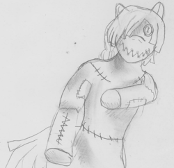 Size: 547x530 | Tagged: safe, oc, oc:pill popper, anthro, doll, grayscale, mlpchan, mlpchan contest, monochrome, raggedy, solo, toy, traditional art