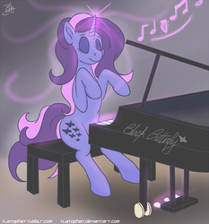 Size: 929x996 | Tagged: safe, artist:tlatophat, oc, oc only, pony, unicorn, black butterfly, magic, mlpchan, mlpchan contest, music notes, musical instrument, piano, solo