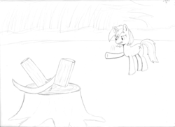 Size: 2338x1700 | Tagged: safe, pony, cross cut, grayscale, legion, log, mlpchan, mlpchan contest, monochrome, solo, traditional art, tree stump