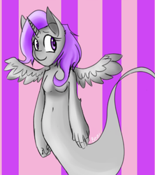 Size: 1175x1324 | Tagged: safe, artist:beni the bellhop, oc, oc only, oc:spirit shine, alicorn, ghost, undead, anthro, abstract background, belly button, colored pupils, female, floating, looking at you, mare, mlpchan, mlpchan contest, smiling, solo