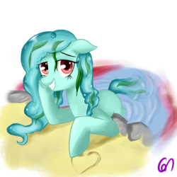 Size: 1024x1024 | Tagged: safe, artist:greeny-nyte, oc, oc only, oc:dulset tarn, kelpie, pony, female, floppy ears, grin, heart, lidded eyes, looking back, mare, messy mane, mlpchan, mlpchan contest, prone, sand, smiling, solo, water, water mane