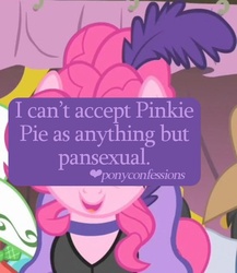 Size: 500x577 | Tagged: safe, pinkie pie, earth pony, pony, g4, female, meta, pansexual, pony confessions, solo, text