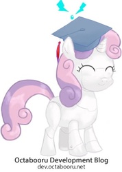 Size: 294x412 | Tagged: safe, artist:hetdegon, sweetie belle, pony, robot, unicorn, g4, blank flank, eyes closed, female, filly, foal, hooves, horn, simple background, smiling, solo, sweetie bot, text, white background