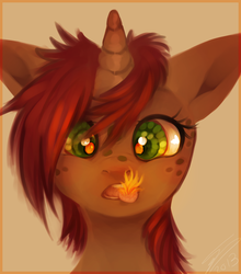 Size: 944x1072 | Tagged: safe, artist:imalou, oc, oc only, pony, unicorn, bust, commission, fire, solo, tongue out