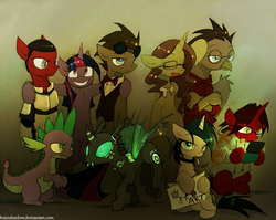 Size: 900x716 | Tagged: safe, artist:foxinshadow, doctor whooves, spike, time turner, twilight sparkle, oc, oc:coffee bean, changeling, griffon, robot, g4, commander shepard, mass effect