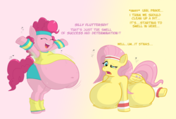 Size: 1179x800 | Tagged: safe, artist:blubberwhale, fluttershy, pinkie pie, earth pony, pegasus, pony, g4, armpits, bipedal, body odor, fat, fattershy, female, mare, obese, pudgy pie, smelly, sweat