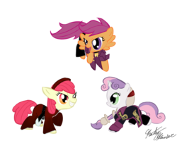 Size: 720x576 | Tagged: safe, artist:kathyhauser, apple bloom, scootaloo, sweetie belle, g4, ash crimson, crossover, cutie mark crusaders, duo lon, king of fighters, shen woo, simple background, snk, transparent background