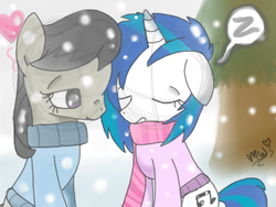 Size: 320x240 | Tagged: safe, artist:ponypocky317, dj pon-3, octavia melody, vinyl scratch, g4, female, heart, lesbian, ship:scratchtavia, shipping, snow, snowfall