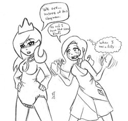 Size: 600x568 | Tagged: safe, artist:geotastic, princess luna, rarity, human, g4, abdl, blushing, breasts, diaper, diaper fetish, female, humanized, monochrome, non-baby in diaper, onesie