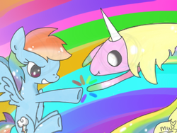 Size: 320x240 | Tagged: safe, artist:ponypocky317, rainbow dash, pegasus, pony, g4, adventure time, crossover, hoofbump, lady rainicorn, male, rainbow, rainicorn