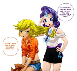 Size: 2448x2277 | Tagged: safe, artist:pia-sama, applejack, rarity, human, g4, belly button, brush, cute, darling, dialogue, horn, horned humanization, humanized, midriff, nail polish, simple background, speech bubble, white background