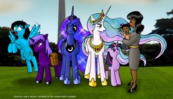 Size: 1634x935 | Tagged: safe, artist:arconius, princess celestia, princess luna, twilight sparkle, oc, human, g4, eyepatch