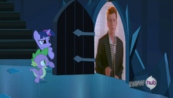 Size: 854x480 | Tagged: safe, spike, twilight sparkle, g4, my little pony: friendship is magic, the crystal empire, exploitable meme, hub logo, meme, rick astley, rickroll, the scary door