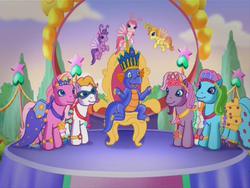 Size: 640x480 | Tagged: safe, screencap, master kenbroath gilspotten heathspike, pinkie pie (g3), rainbow dash (g3), sunny daze (g3), tiddly wink, tra-la-la, wysteria, zipzee, breezie, dragon, earth pony, pony, g3, the princess promenade, clothes, crown, dress, princess, princess pinkie pie, princess rainbow dash, princess sunny daze, princess wysteria, throne