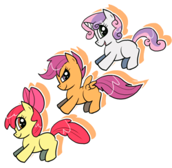 Size: 962x940 | Tagged: dead source, safe, artist:shufflestripes, apple bloom, scootaloo, sweetie belle, earth pony, pegasus, pony, unicorn, g4, apple bloom's bow, blank flank, bow, cutie mark crusaders, female, filly, foal, hair bow, open mouth, simple background, spread wings, transparent background, wings