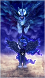 Size: 891x1532 | Tagged: dead source, safe, artist:lova-gardelius, artist:wingsofabutterfly202, nightmare moon, princess luna, alicorn, pony, g4, duality, eyes closed, female, mare, spread wings, wings
