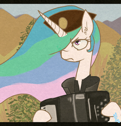 Size: 800x831 | Tagged: dead source, safe, artist:meekcheep, princess celestia, pony, g4, accordion, dat face soldier, female, frown, hat, musical instrument, remove kebab, serbia, serbia strong, solo