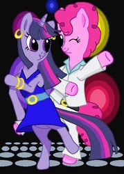 Size: 418x583 | Tagged: safe, artist:sailorvulpix, pinkie pie, twilight sparkle, earth pony, pony, unicorn, g4, 70s, bipedal, clothes, dancing, disco, female, lesbian, ms paint, ship:twinkie, shipping