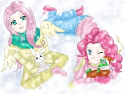 Size: 1024x774 | Tagged: safe, artist:chiisaitenshii, angel bunny, fluttershy, gummy, pinkie pie, g4, female, humanized, lesbian, ship:flutterpie, shipping, snow, snowfall, winged humanization