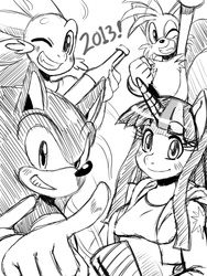 Size: 1136x1508 | Tagged: safe, artist:ss2sonic, spike, twilight sparkle, anthro, g4, crossover, male, miles "tails" prower, monochrome, sonic the hedgehog, sonic the hedgehog (series)