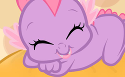 Size: 636x392 | Tagged: safe, artist:hannah-joy64, dragon, g4, baby, baby dragon, cute, dragoness, eyes closed, female, recolor, rule 63, rule63betes, sleeping, smiling, solo, spiketta