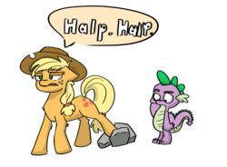 Size: 1000x735 | Tagged: safe, artist:cider, applejack, spike, g4, spike at your service, halp, scene interpretation