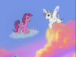 Size: 640x480 | Tagged: safe, screencap, skywishes, star catcher, butterfly, earth pony, pegasus, pony, dancing in the clouds, g3, duo, duo female, female, flying, mare, sky