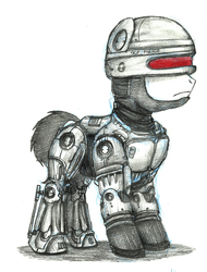 Size: 1148x1512 | Tagged: safe, artist:buckweiser, cyborg, cyborg pony, pony, covering eyes, full body, partial color, ponified, robocop, side view, simple background, standing, traditional art, white background