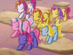 Size: 640x480 | Tagged: safe, screencap, apple spice, cotton candy (g3), fizzy pop, gem blossom, moondancer (g3), sunny daze (g3), earth pony, pony, g3, the princess promenade, a princess is in town, adorablossom, cute, eyes closed, female, g3 cottondorable, g3 dancerbetes, g3 dazeabetes, g3 fizzybetes, group, mare, smiling, spiceabetes, stare