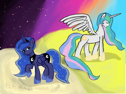 Size: 1600x1200 | Tagged: safe, artist:chromadraws, princess celestia, princess luna, g4, moon, sad, sun