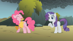 Size: 1280x720 | Tagged: safe, screencap, pinkie pie, rarity, earth pony, pony, unicorn, dragonshy, g4, my little pony: friendship is magic, season 1, aside glance, female, horn, mare, mouth on side of face, rubber chicken