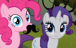 Size: 1280x821 | Tagged: safe, screencap, pinkie pie, rarity, earth pony, pony, unicorn, g4, spike at your service, female, looking at you, mare, moustache, stare, staring into your soul