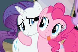 Size: 1128x751 | Tagged: safe, screencap, pinkie pie, rarity, twilight sparkle, earth pony, pony, unicorn, g4, hearth's warming eve (episode), my little pony: friendship is magic, duo focus, horn, offscreen character