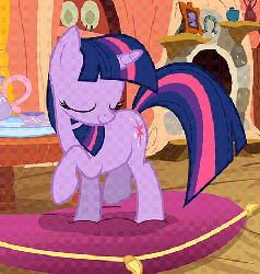 Size: 433x454 | Tagged: safe, screencap, twilight sparkle, pony, unicorn, g4, spike at your service, animated, female, fireplace, golden oaks library, log, loop, mare, pillow, solo, table, talking, teacup, teapot, wood