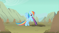 Size: 1280x720 | Tagged: safe, screencap, rainbow dash, twilight sparkle, a dog and pony show, g4, tail bite, tail pull