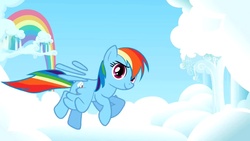 Size: 1136x640 | Tagged: safe, screencap, rainbow dash, g4, flying, full body, intro, looking at you, opening, rainbow, side view, smear frame, solo, spread wings, wings