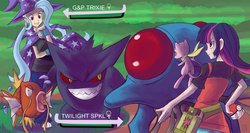 Size: 1224x653 | Tagged: safe, artist:fauxsquared, trixie, twilight sparkle, gengar, magikarp, mew, tentacruel, g4, crossover, fight, hat, humanized, pokémon, witch hat