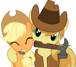 Size: 1600x1429 | Tagged: safe, applejack, braeburn, g4, duo, duo male and female, eyes closed, female, hammer, hoof around neck, looking at you, male, mare, simple background, stallion, transparent background, vector